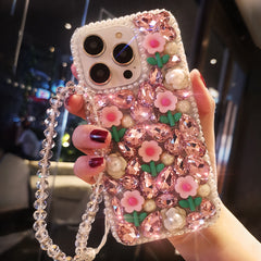 Moonlit Pearls & Blossoming Spring Rose Pink Crystal-Encrusted iPhone Case