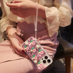 Moonlit Pearls & Blossoming Spring Rose Pink Crystal-Encrusted iPhone Case