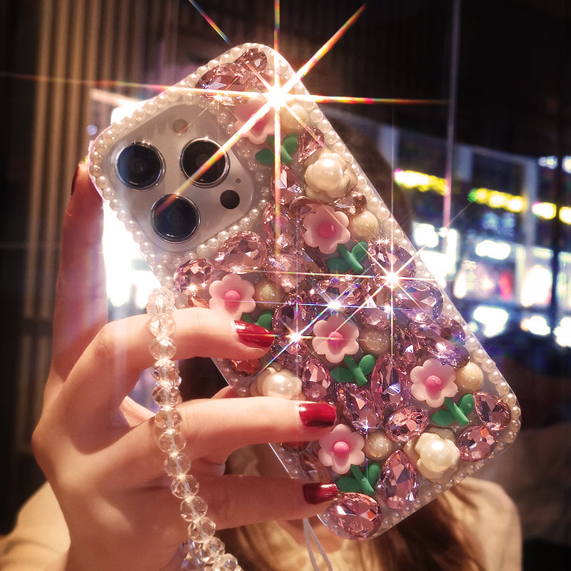 Moonlit Pearls & Blossoming Spring Rose Pink Crystal-Encrusted iPhone Case