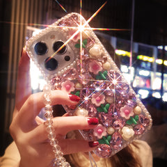 Moonlit Pearls & Blossoming Spring Rose Pink Crystal-Encrusted iPhone Case