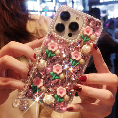 Moonlit Pearls & Blossoming Spring Rose Pink Crystal-Encrusted iPhone Case