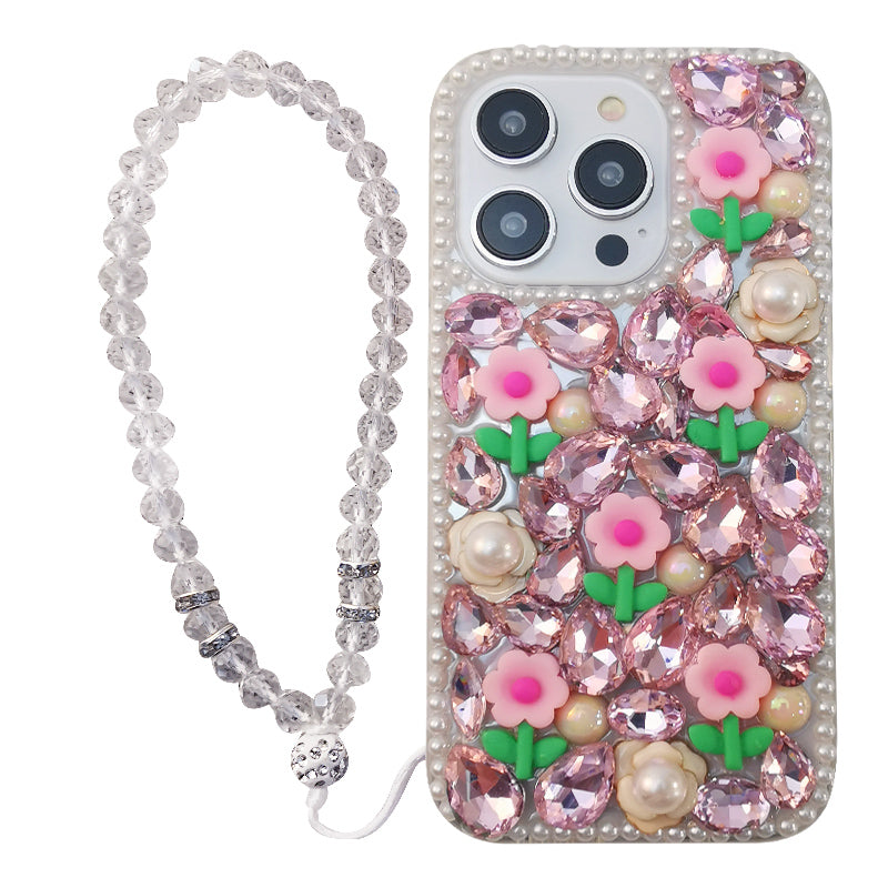 Moonlit Pearls & Blossoming Spring Rose Pink Crystal-Encrusted iPhone Case