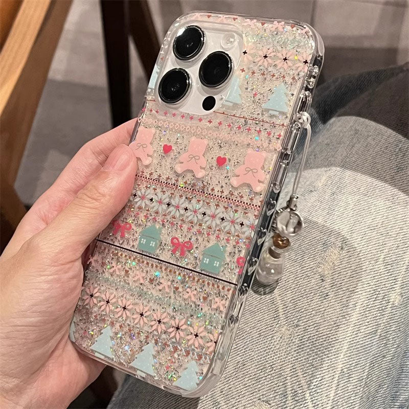 Pink Fair Isle Bear Glitter Ribbon  Knit Lace Trim with chain iPhone Case