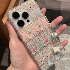 Pink Fair Isle Bear Glitter Ribbon  Knit Lace Trim with chain iPhone Case