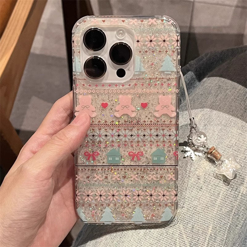Pink Fair Isle Bear Glitter Ribbon  Knit Lace Trim with chain iPhone Case