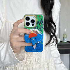 Magsafe funny blue elephant hugging penguin shaking nose iPhone case