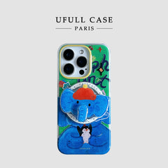 Magsafe funny blue elephant hugging penguin shaking nose iPhone case
