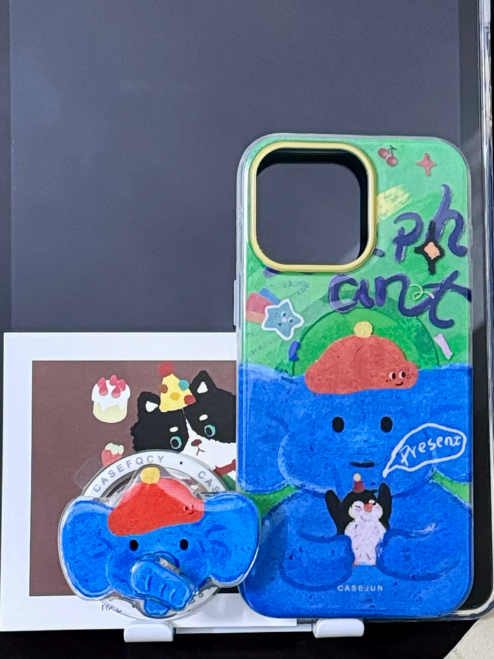 Magsafe funny blue elephant hugging penguin shaking nose iPhone case